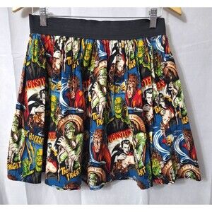 Hemet Womens Perfectly Pleated Monsters Mini Skirt Sz S Elastic Waist Gothic AOP